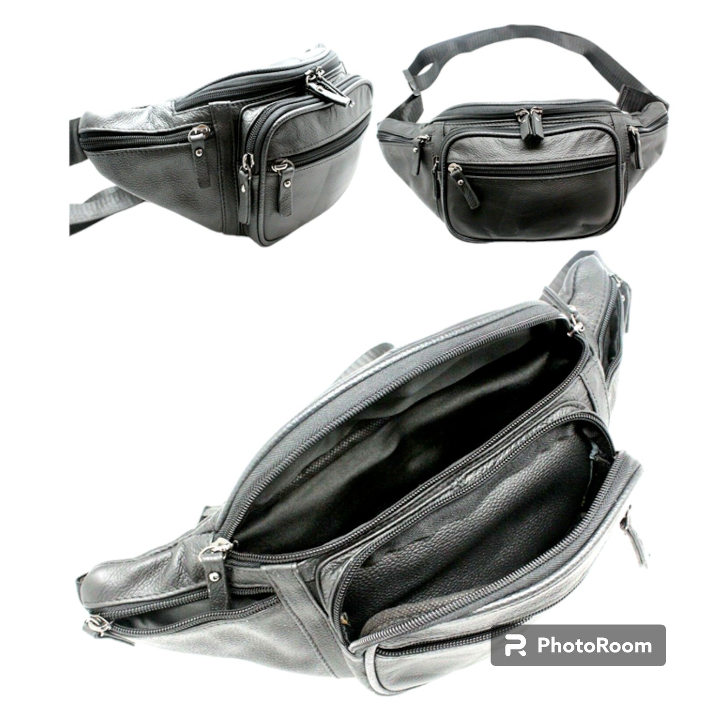 Large cow leather fanny pack featuring multiple compartments for versatile storage.