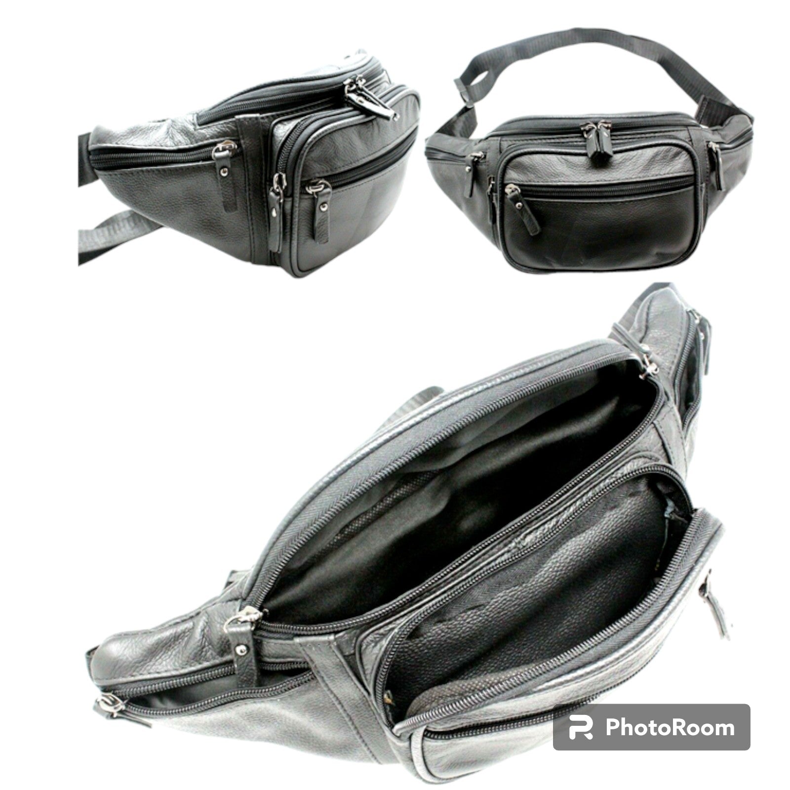 Large cow leather fanny pack featuring multiple compartments for versatile storage.