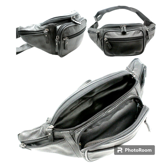 Large cow leather fanny pack featuring multiple compartments for versatile storage.