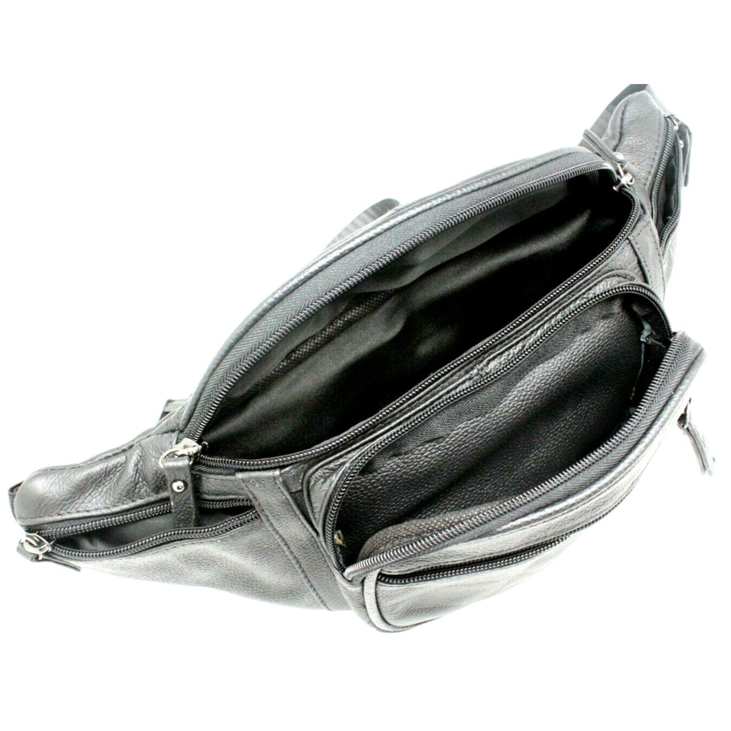Large cow leather fanny pack interior view showing multiple compartments for convenient storage.