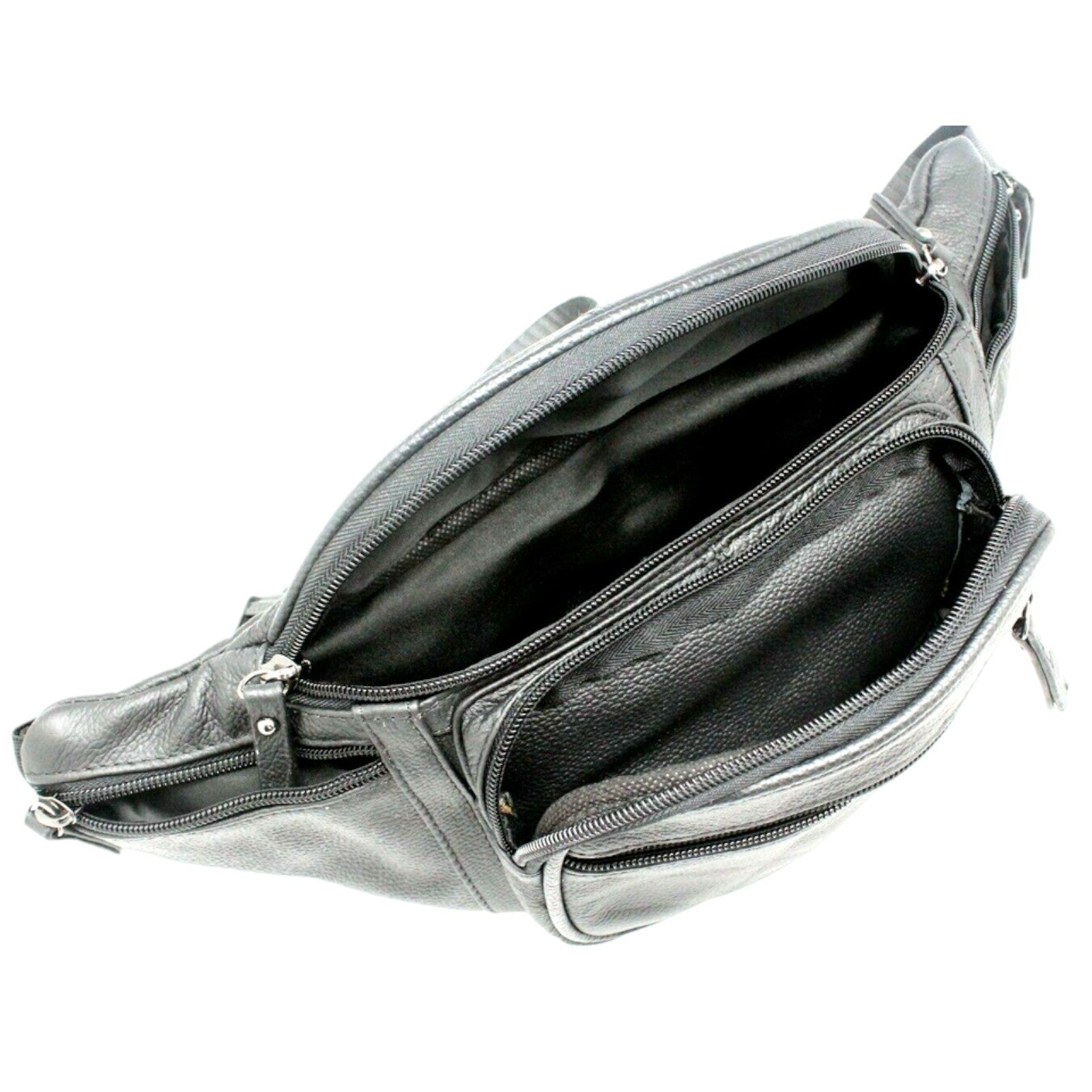 Large cow leather fanny pack interior view showing multiple compartments for convenient storage.