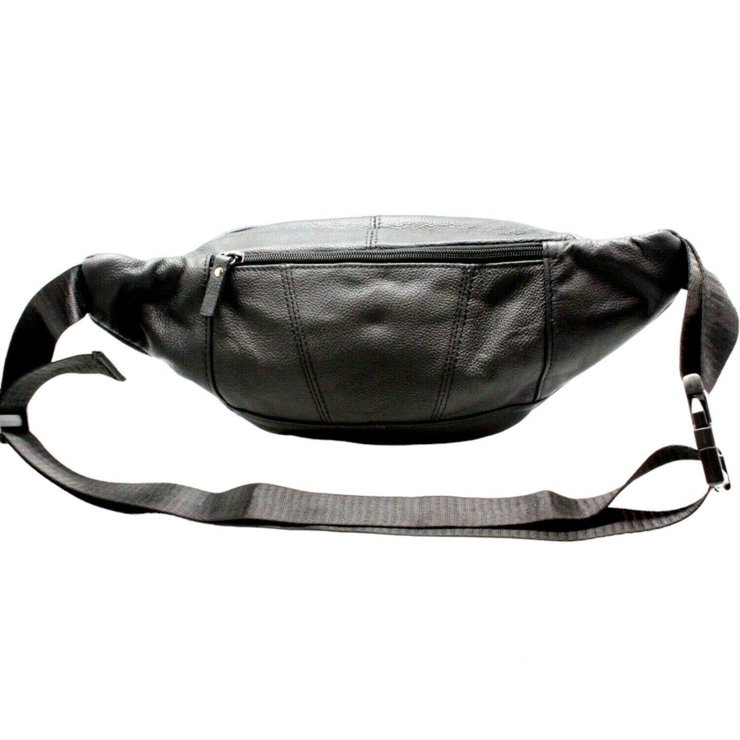 Large cow leather fanny pack in black with adjustable strap and zipper compartment.