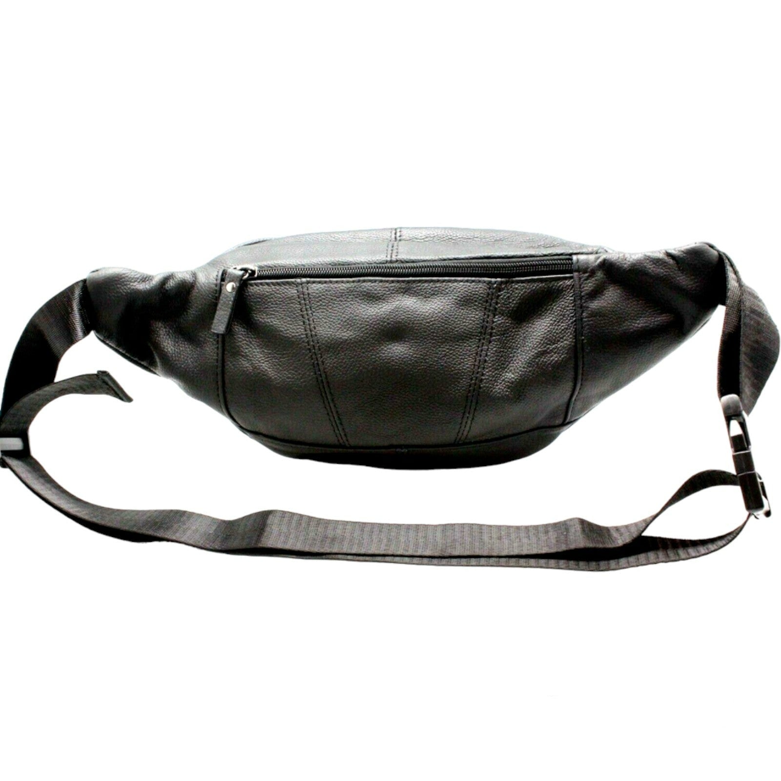 Large cow leather fanny pack in black with adjustable strap and zipper compartment.