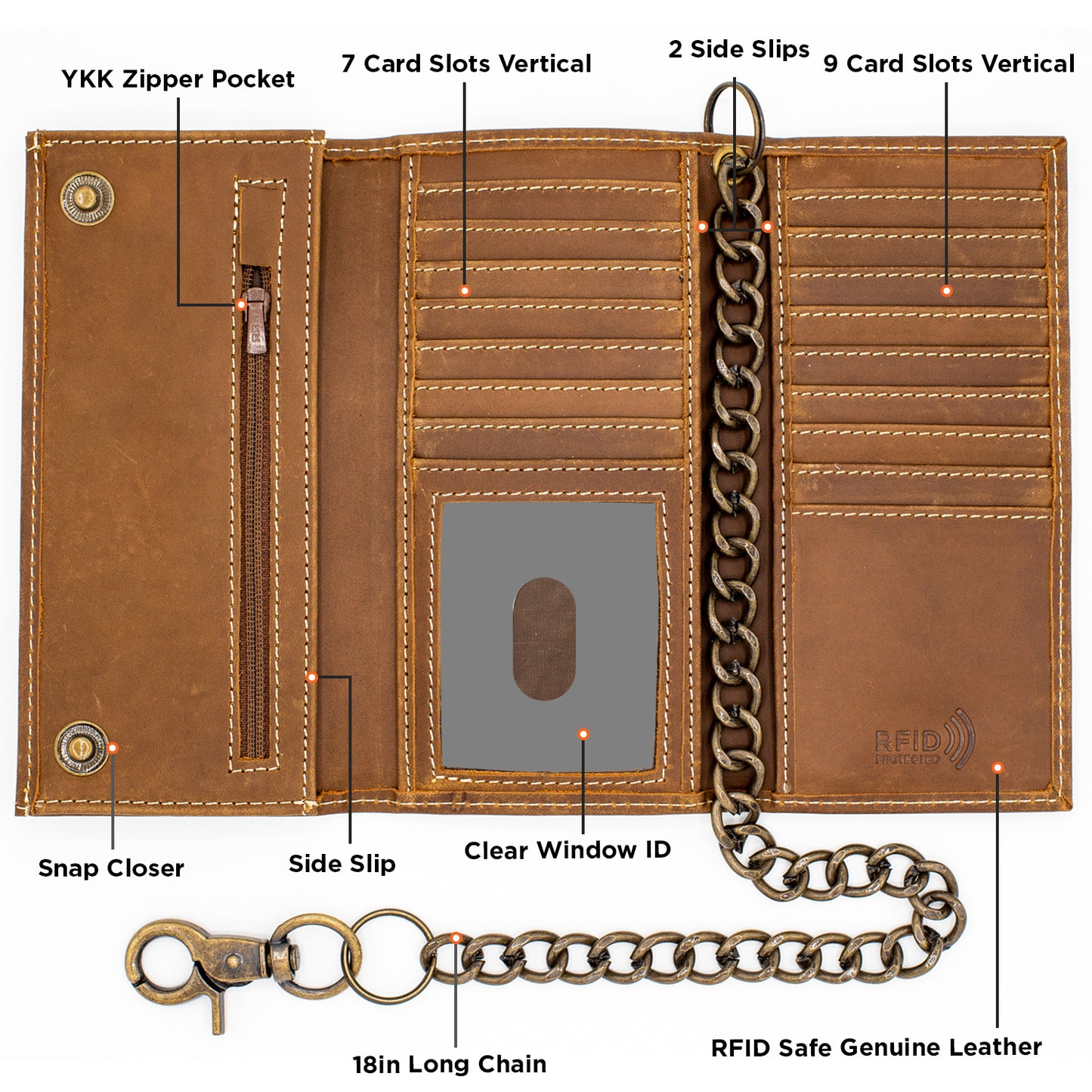 Men's Tall Trifold Chain Wallet with Snap RFID