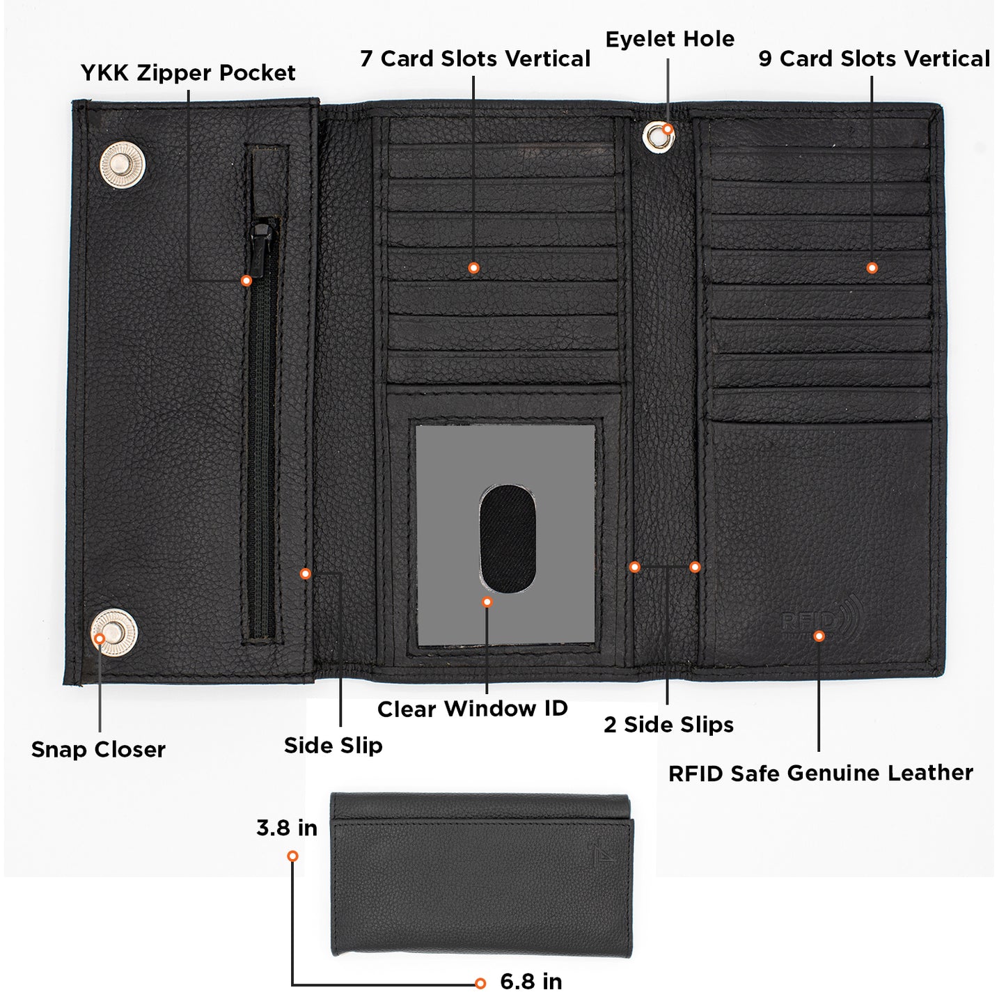 RFID safe Checkbook Size Tri-fold Leather Wallet with Snap Closer