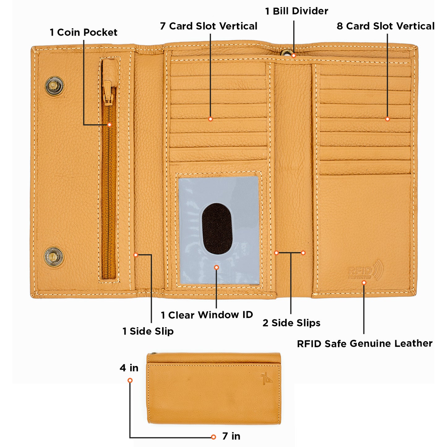 RFID Safe checkbook Size Trifold Long Wallet Genuine Leather