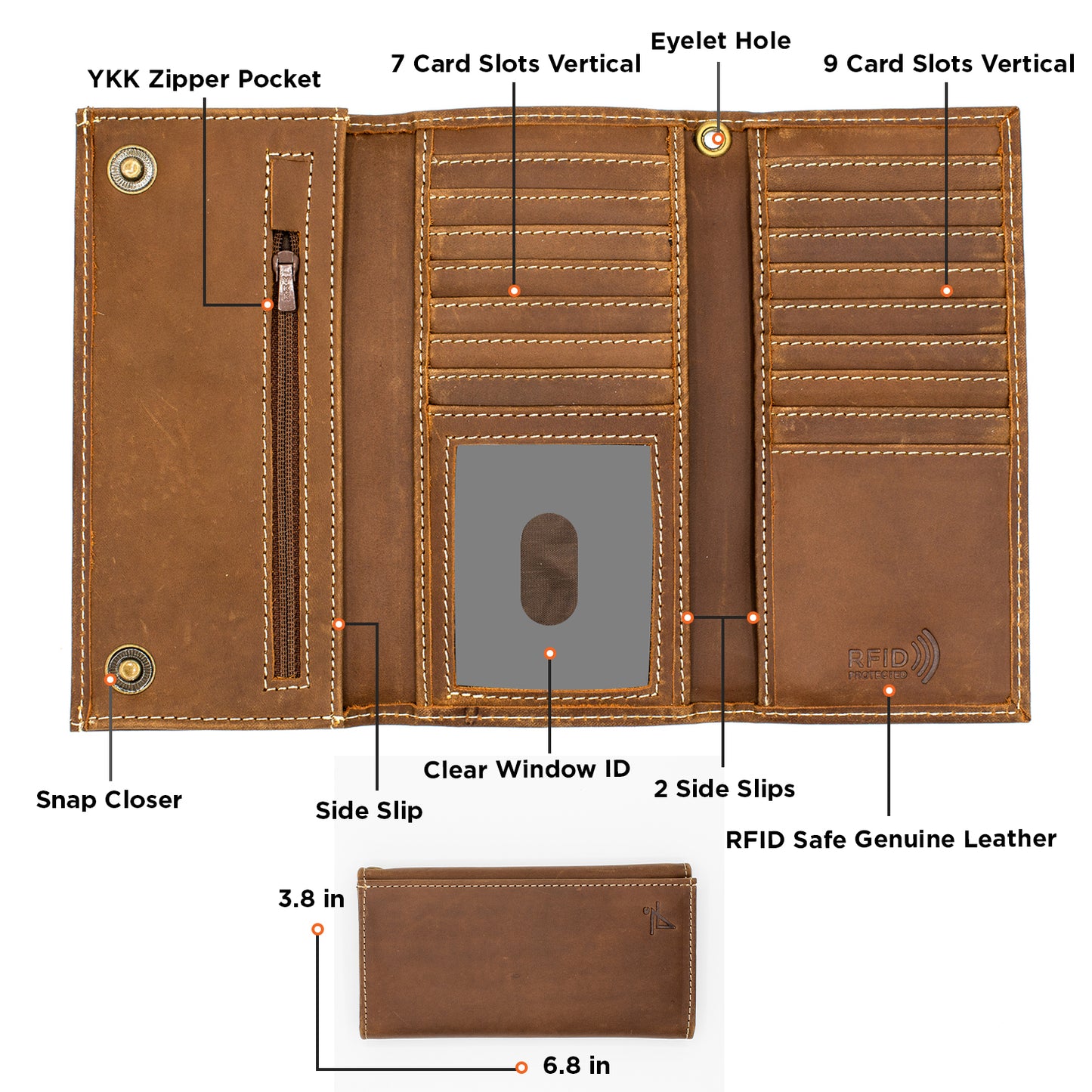 RFID safe Checkbook Size Tri-fold Leather Wallet with Snap Closer