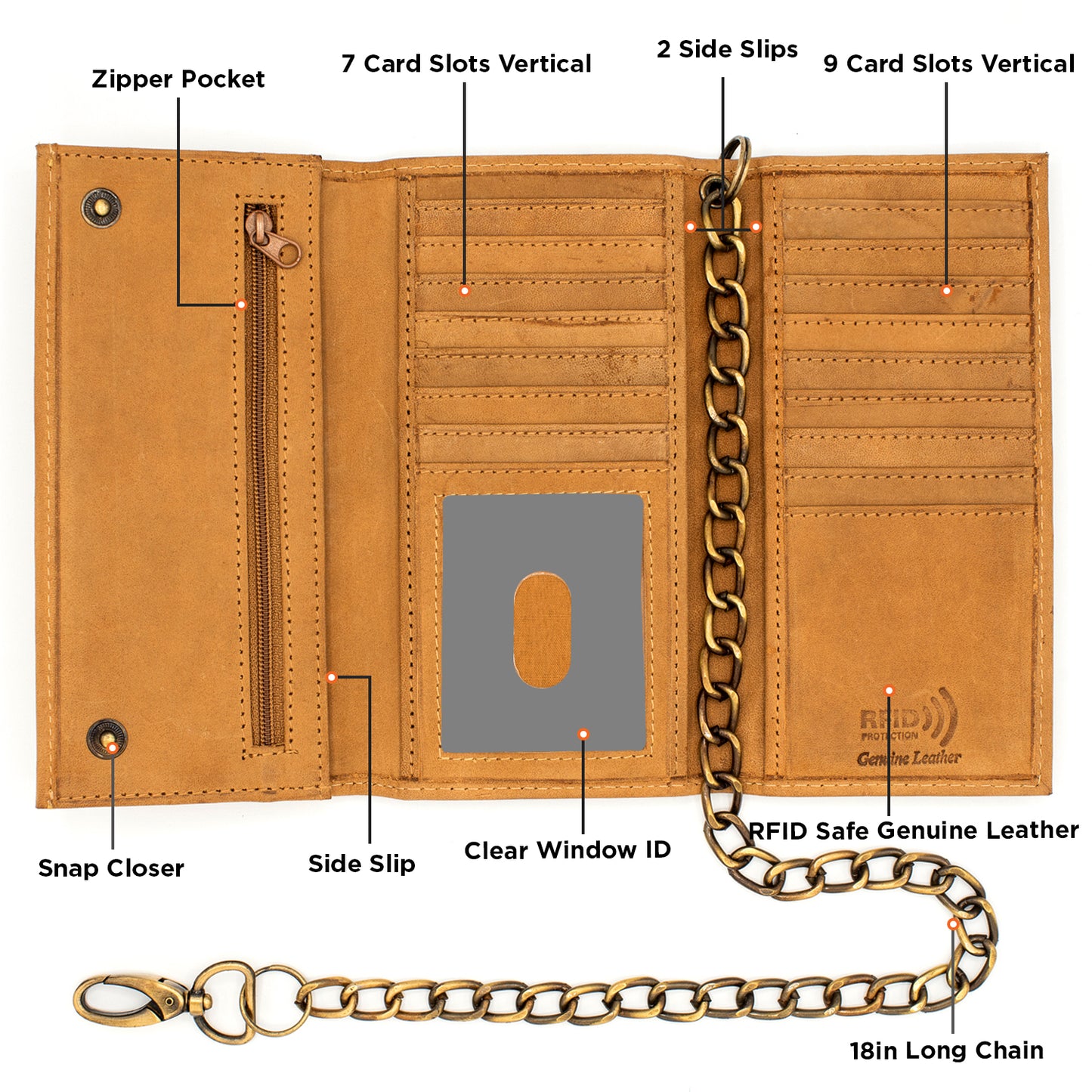 Men's Tall Trifold Chain Wallet with Snap RFID