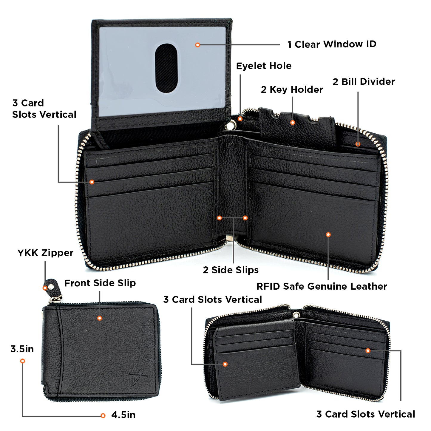 Zip Around Bi-fold Leather Wallet for Men – RFID Safe Genuine Leather