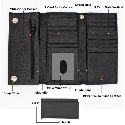 Interior layout of RFID Blocking Checkbook Wallet with card slots and ID window