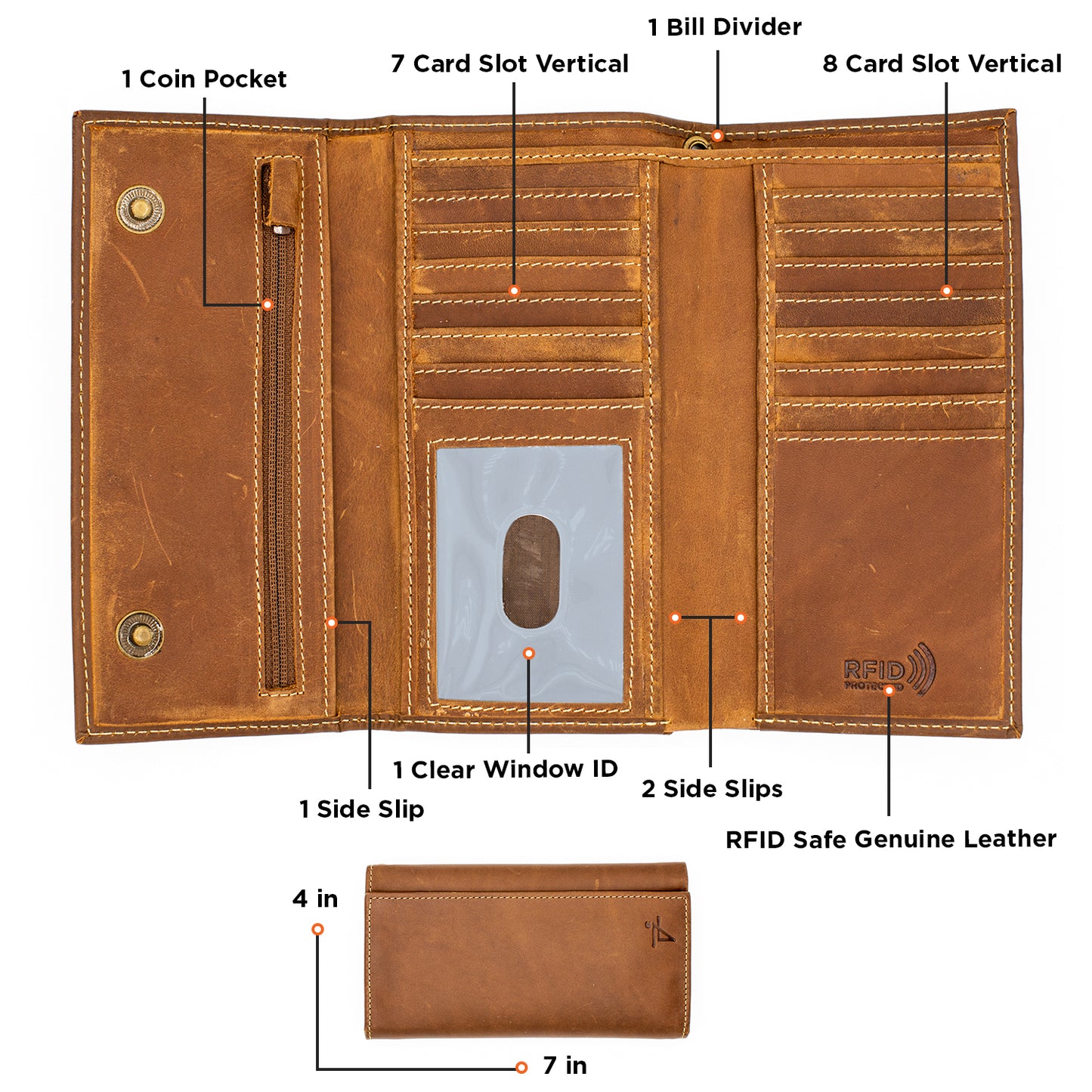 RFID Safe checkbook Size Trifold Long Wallet Genuine Leather