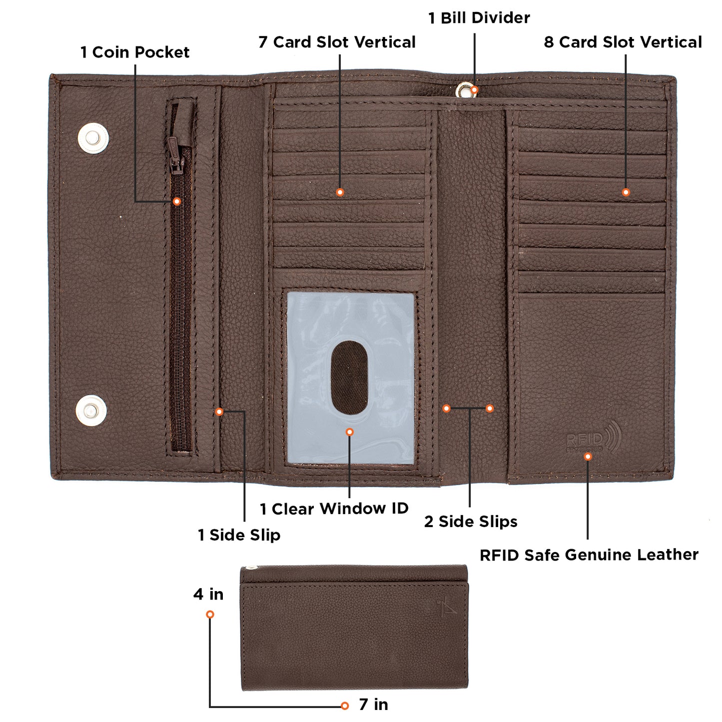 RFID Safe checkbook Size Trifold Long Wallet Genuine Leather
