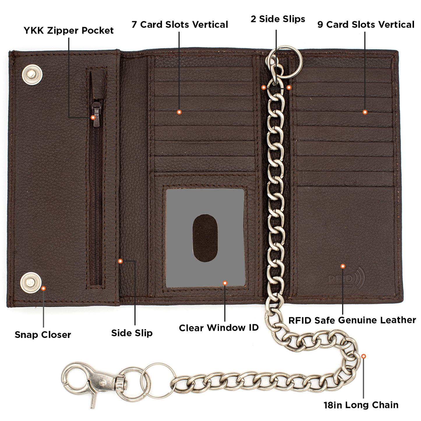 Men's Tall Trifold Chain Wallet with Snap RFID
