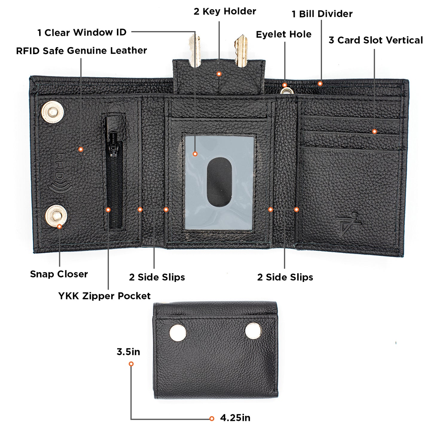 Trifold Wallet for Biker Trucker Snap Button T