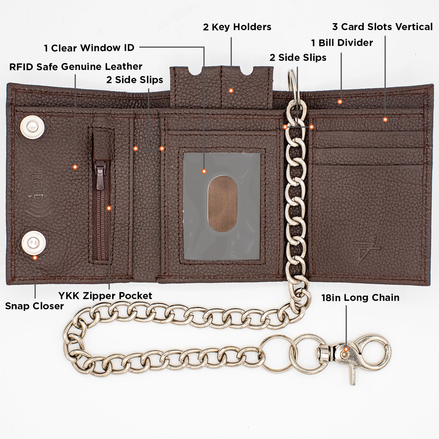 Trifold Chain Wallet with Snaps RFID Leather Wallet