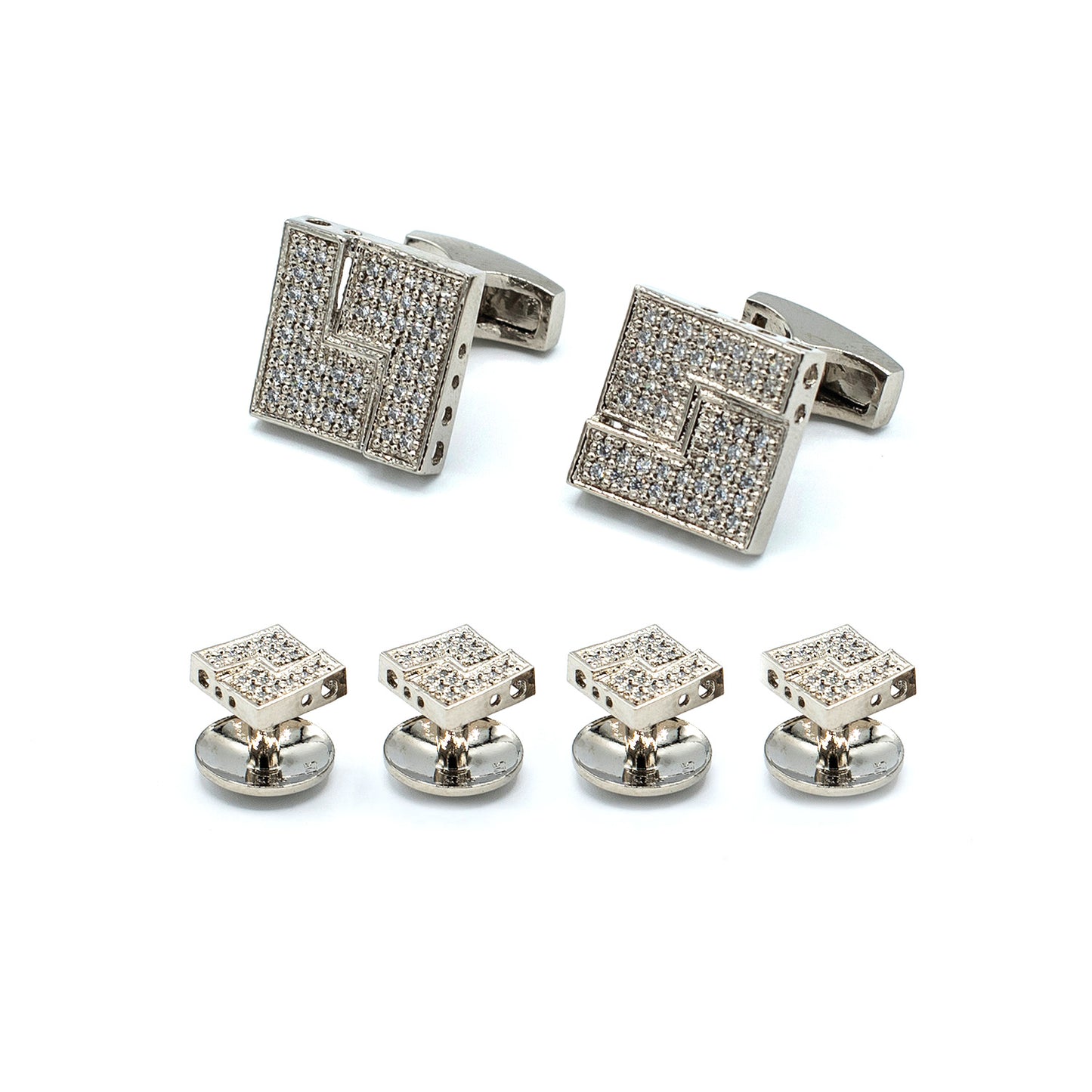 Tuxedo Shirt Studs Cufflinks Set For Men Handcrafted 21k white Gold Rhodium Plated