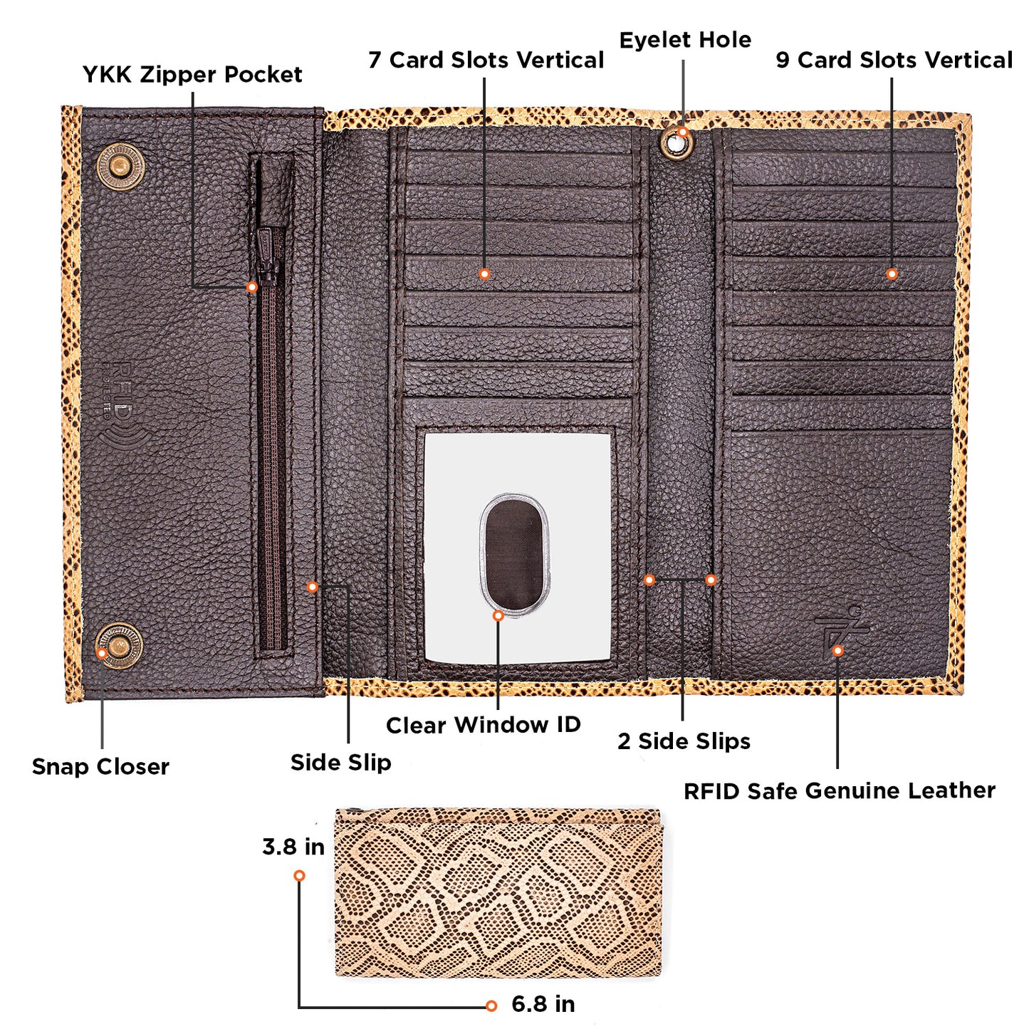 Checkbook Size Trifold Leather Wallet RFID Cobra Brown