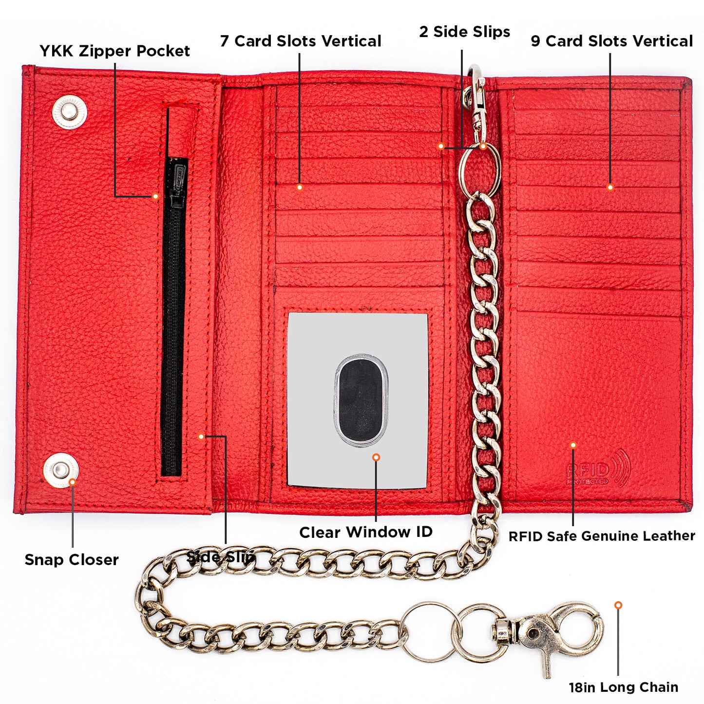 Red Trifold Leather Wallet with Chain – RFID Safe