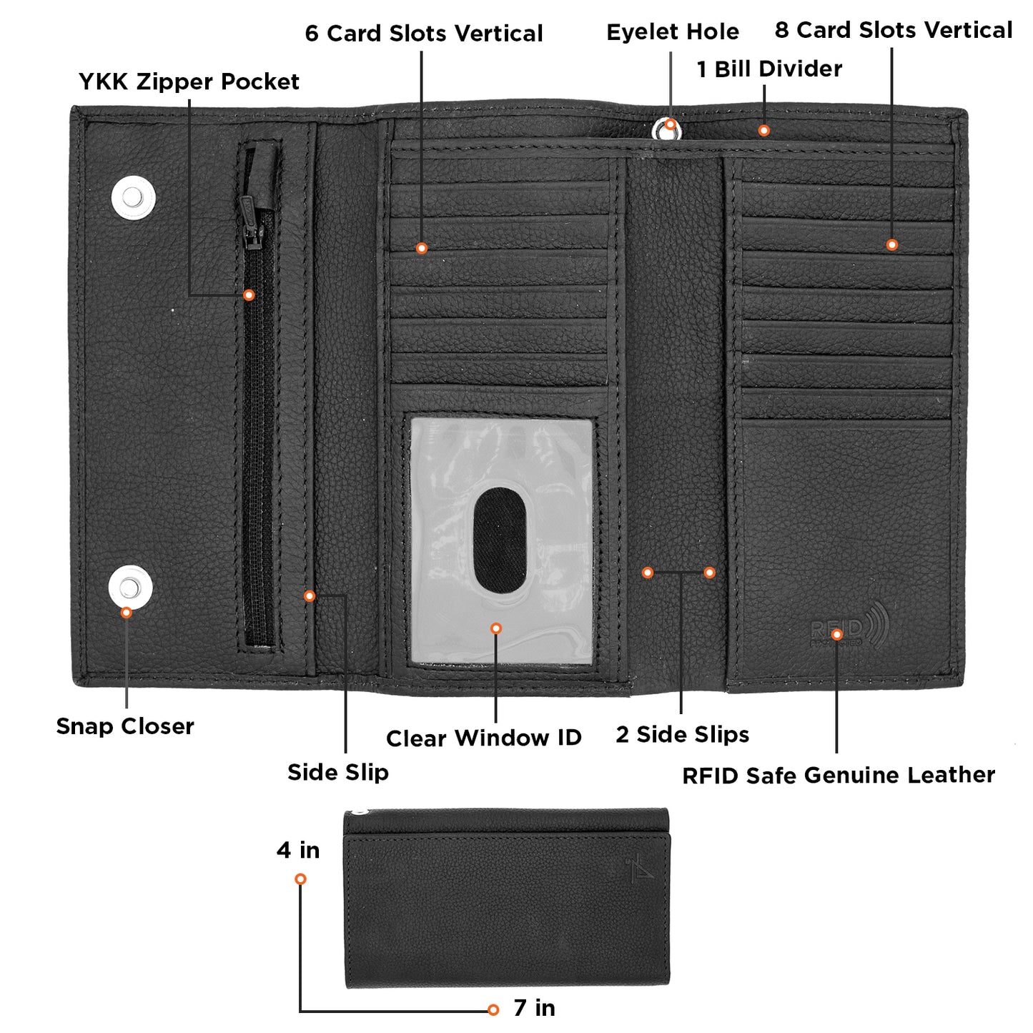 RFID Safe checkbook Size Trifold Long Wallet Genuine Leather