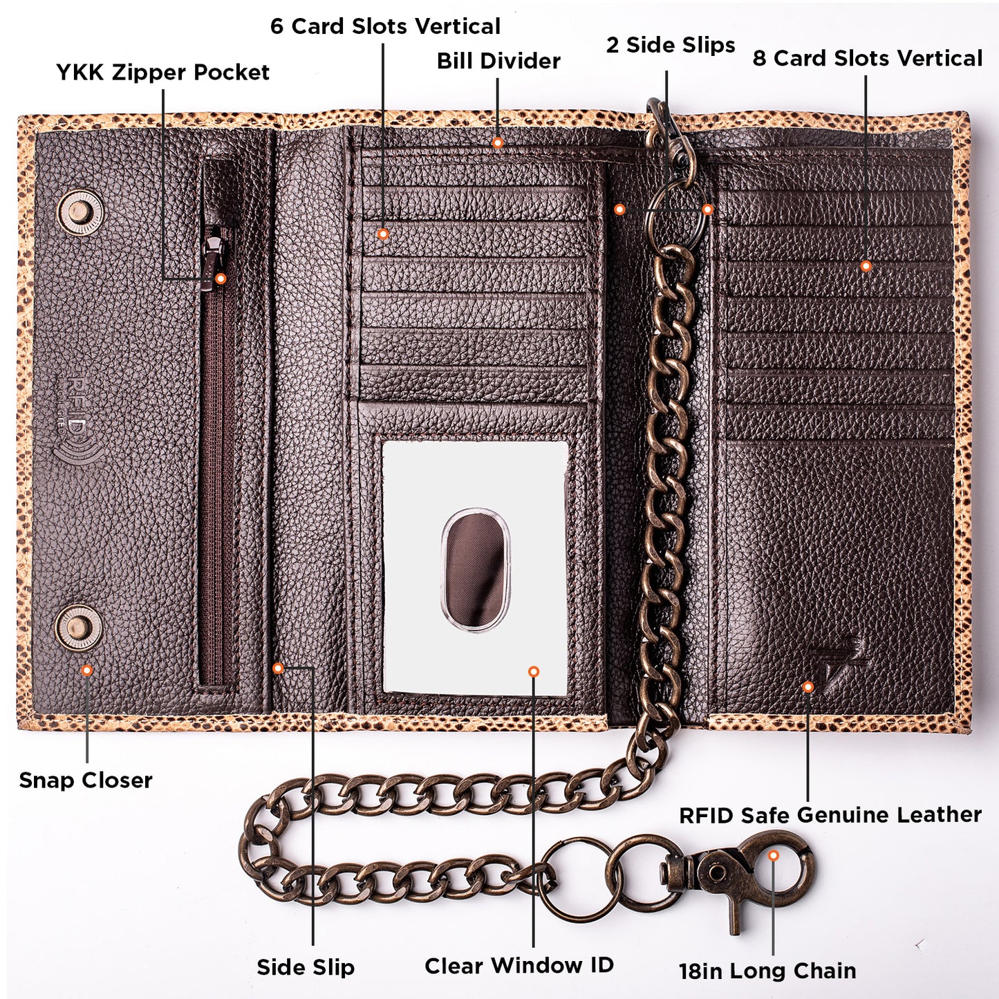 Cobra Brown Tri-fold Chain Wallet Checkbook Size RFID Leather