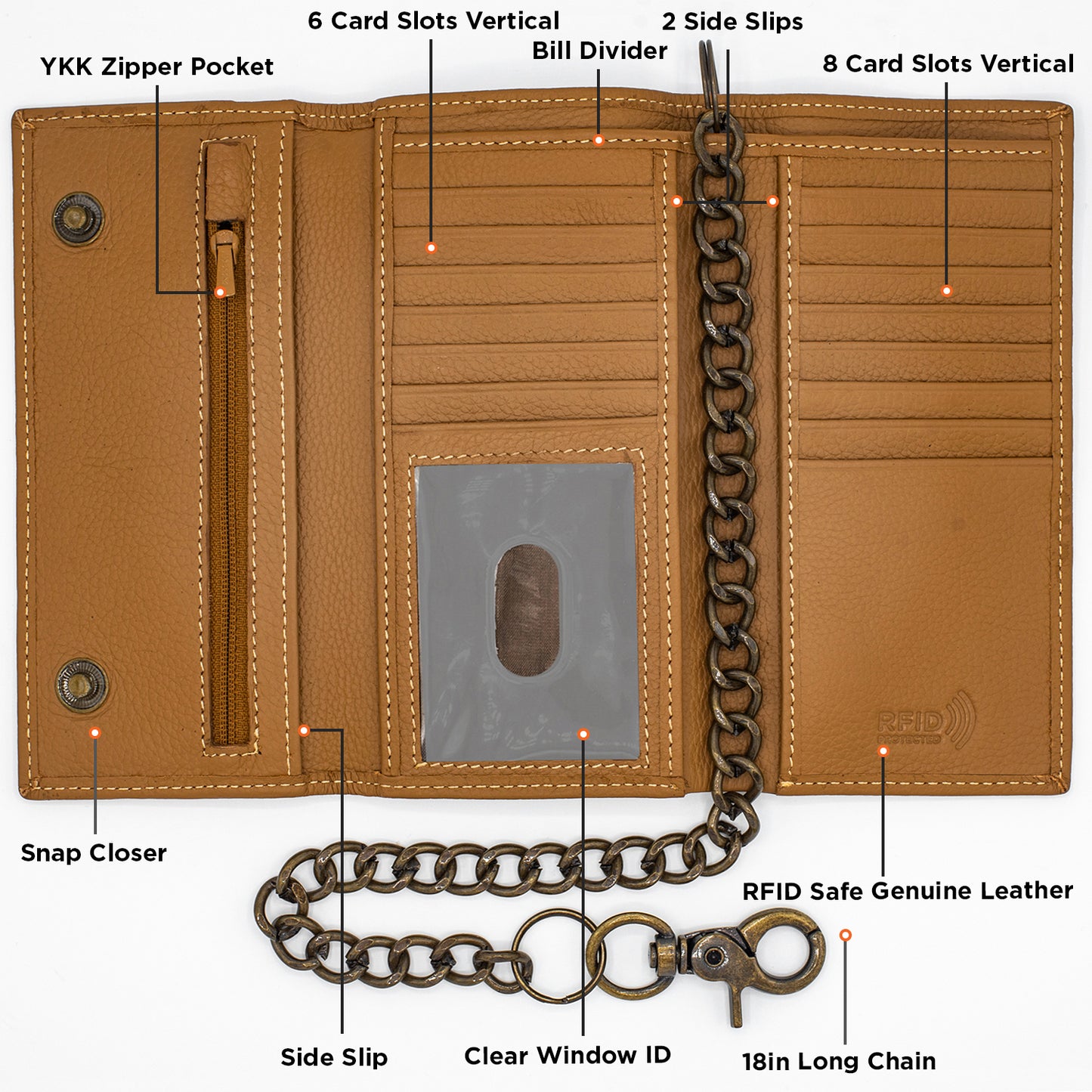 Long Tri-fold Chain Wallet with Snap RFID Safe