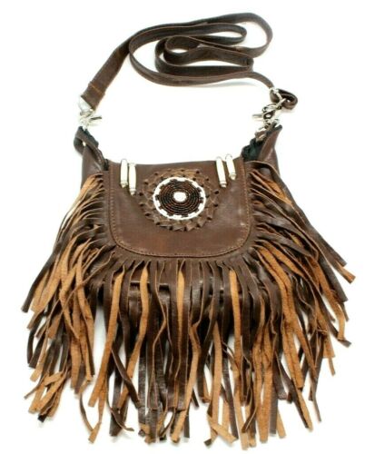 Leather boho fringe crossbody bag