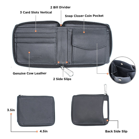 Calf Leather Bifold Wallet for Men Zip Around