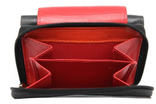 Girls Black & Red Mini Ti-Fold Wallet,Purse,Zipper Coin Pouch 7007 Cow Leather