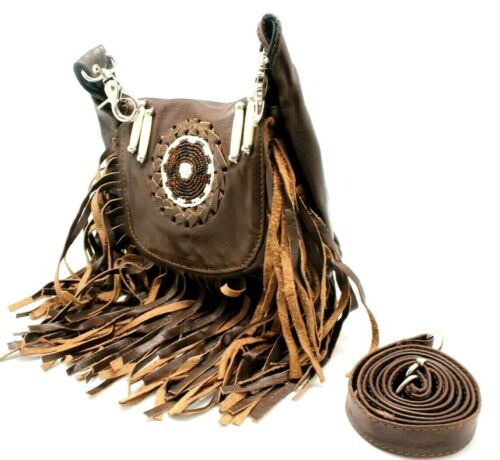 Hand Crafted Leather Boho Fur Fringe Cross Body Bag Loop Hang Clip on Purse - J2400LB