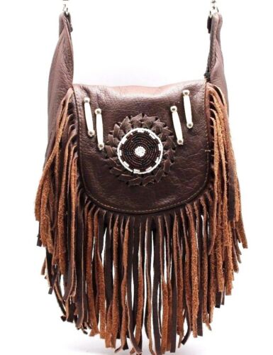 Leather boho fringe crossbody bag