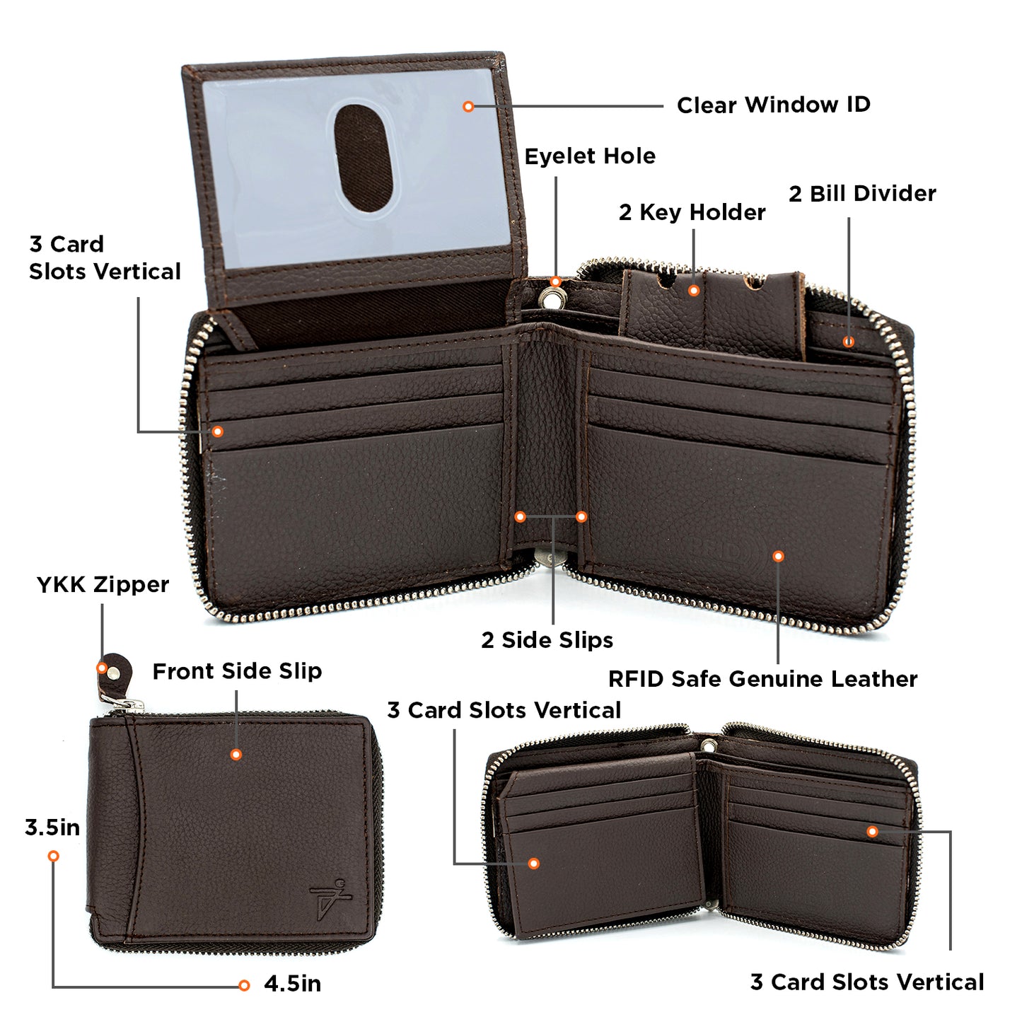 Zip Around Bi-fold Leather Wallet for Men – RFID Safe Genuine Leather