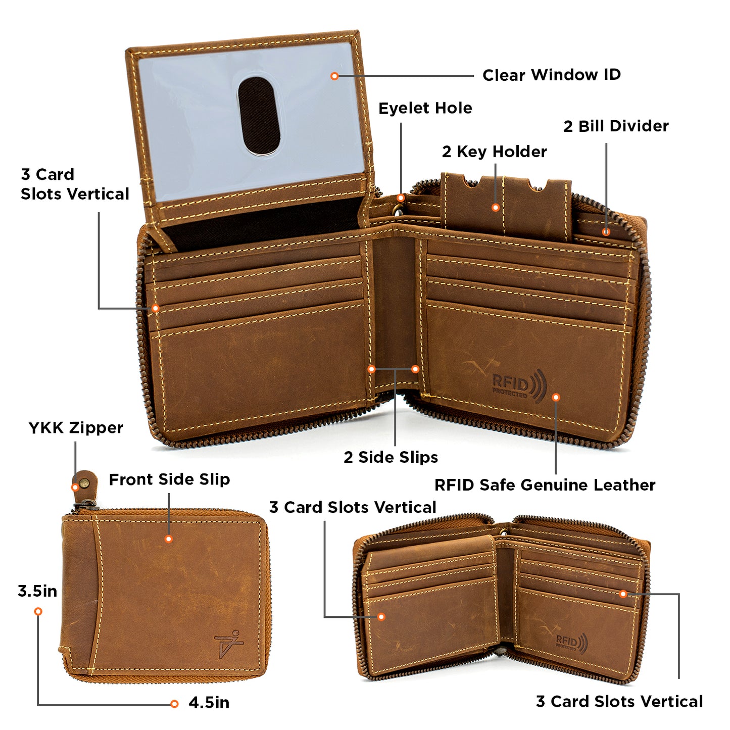 Zip Around Bi-fold Leather Wallet for Men – RFID Safe Genuine Leather