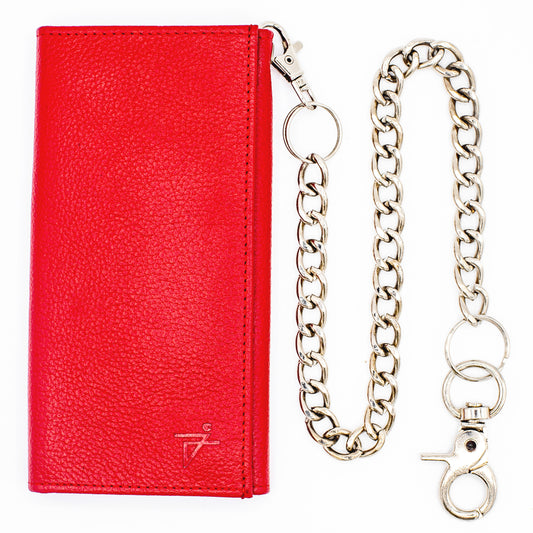 Red trifold checkbook chain leather wallet