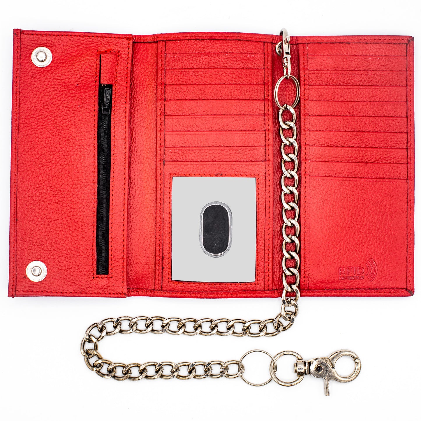 Red Trifold Leather Wallet with Chain – RFID Safe