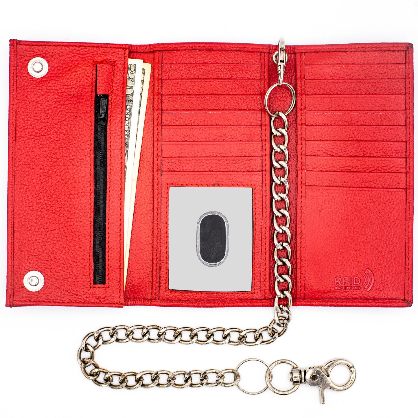 Red Trifold Leather Wallet with Chain – RFID Safe