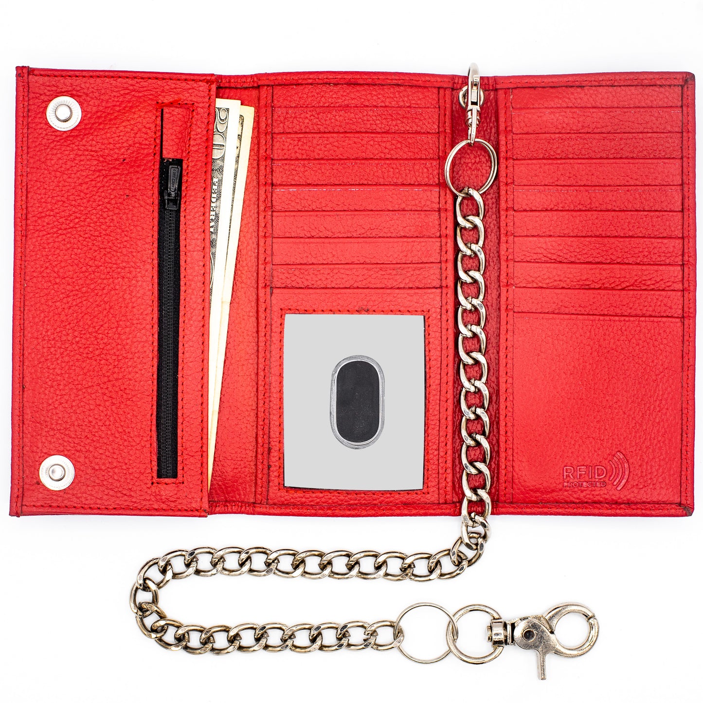 Red trifold checkbook chain leather wallet