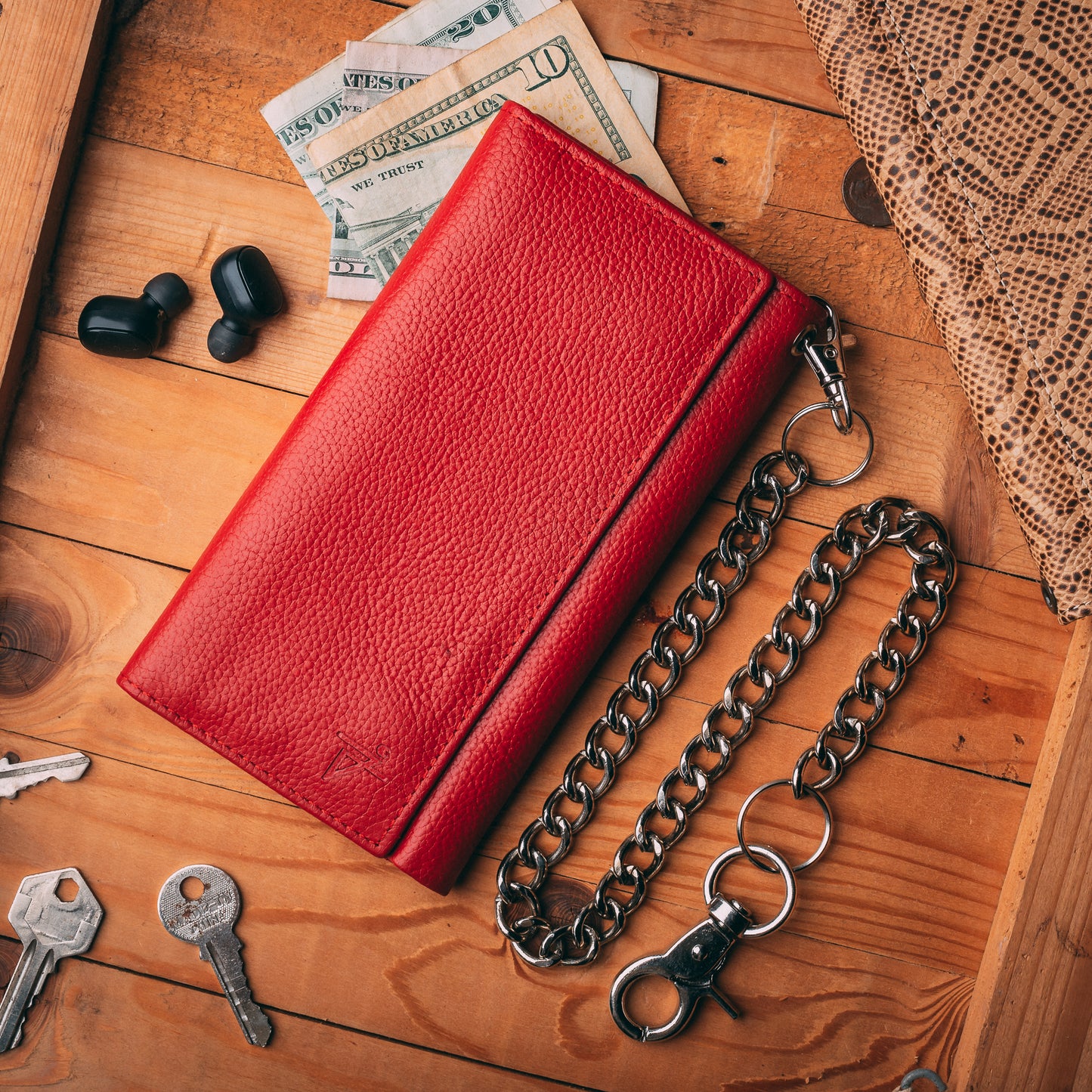 Red trifold checkbook chain leather wallet