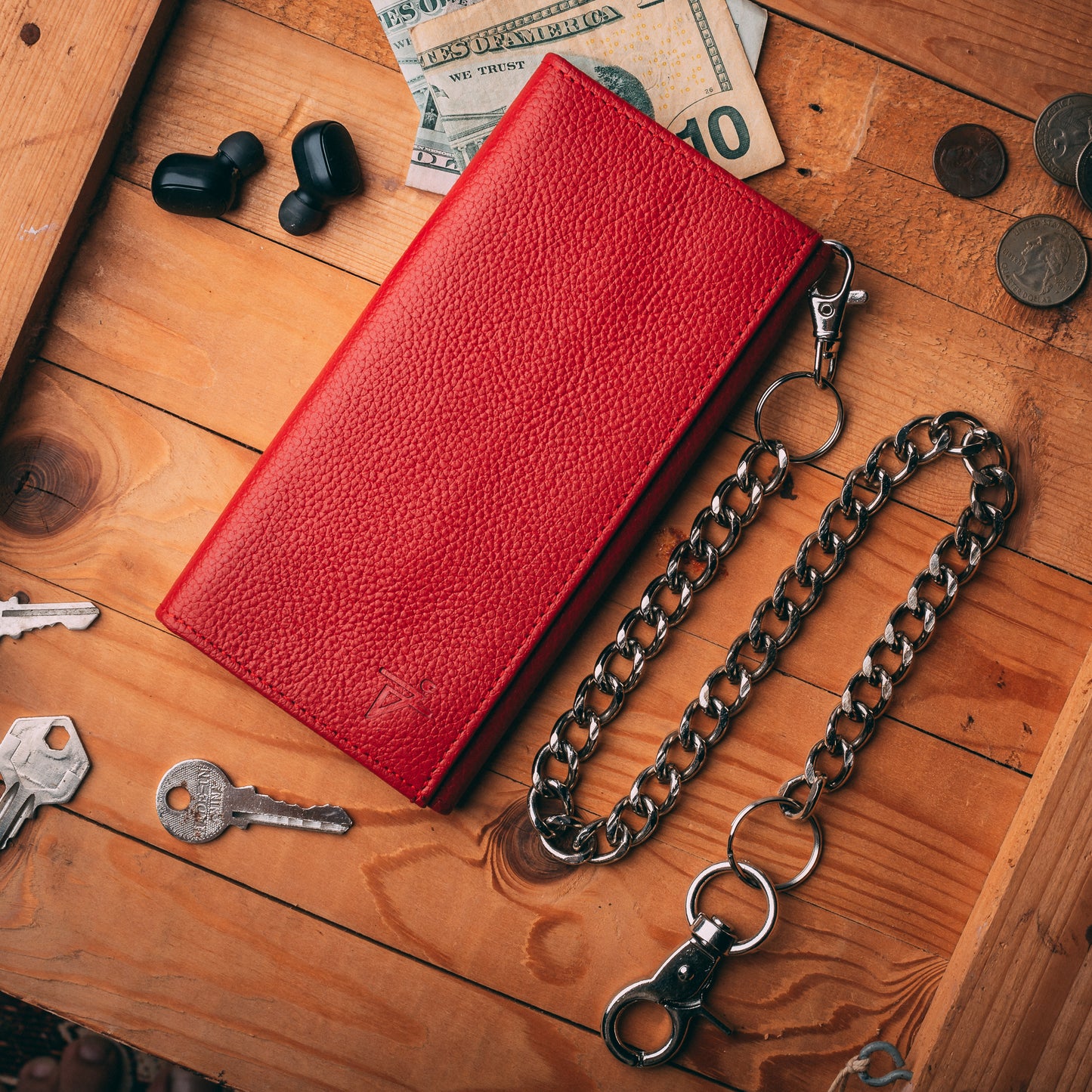 Trifold checkbook chain Red leather wallet