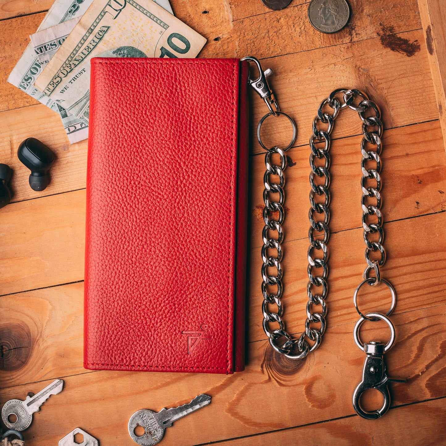 Trifold red leather wallet