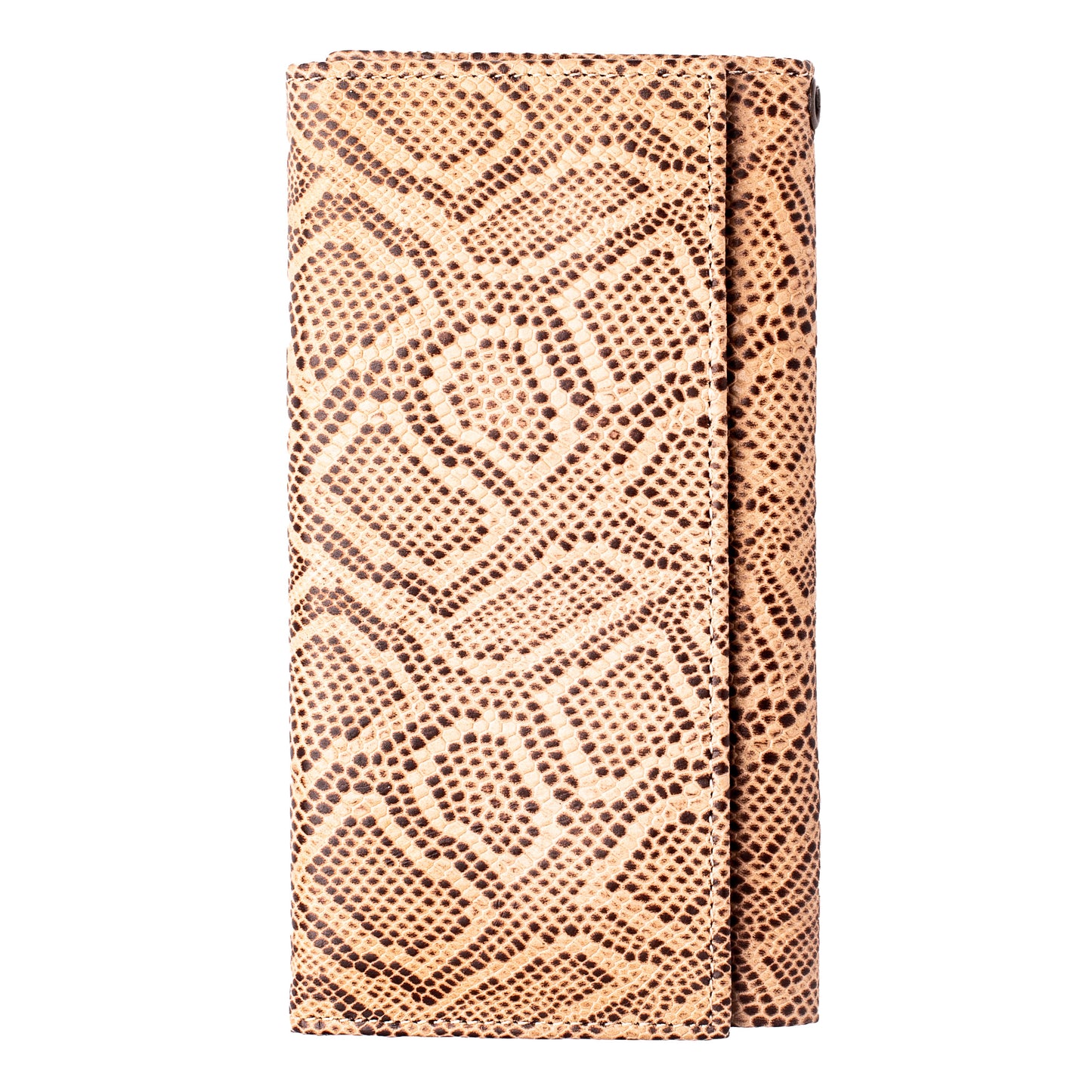 RFID Long Tri-fold Leather Wallet Snap Closer Cobra Brown