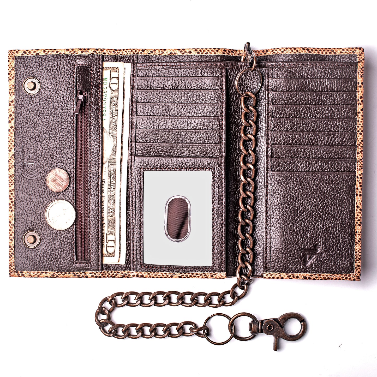 Cobra Brown Tri-fold Chain Wallet Checkbook Size RFID Leather