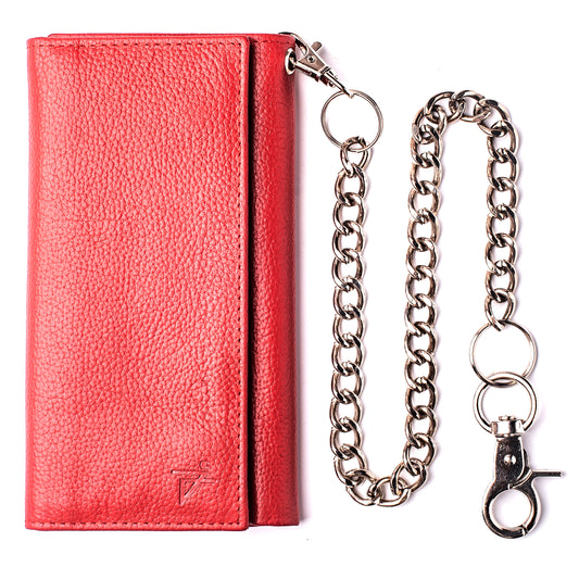 Trifold checkbook chain Red leather wallet