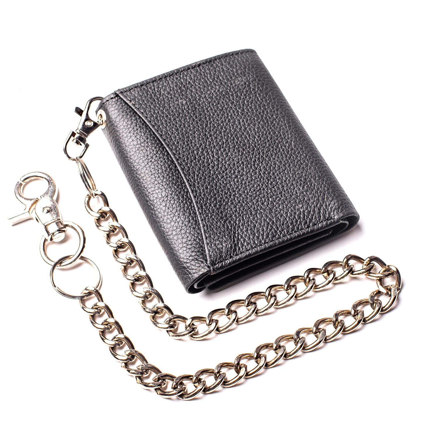 Chain Wallet for Men Trifold RFID safe Leather Snap Closed Stainless Biker Chain 18'inch Long