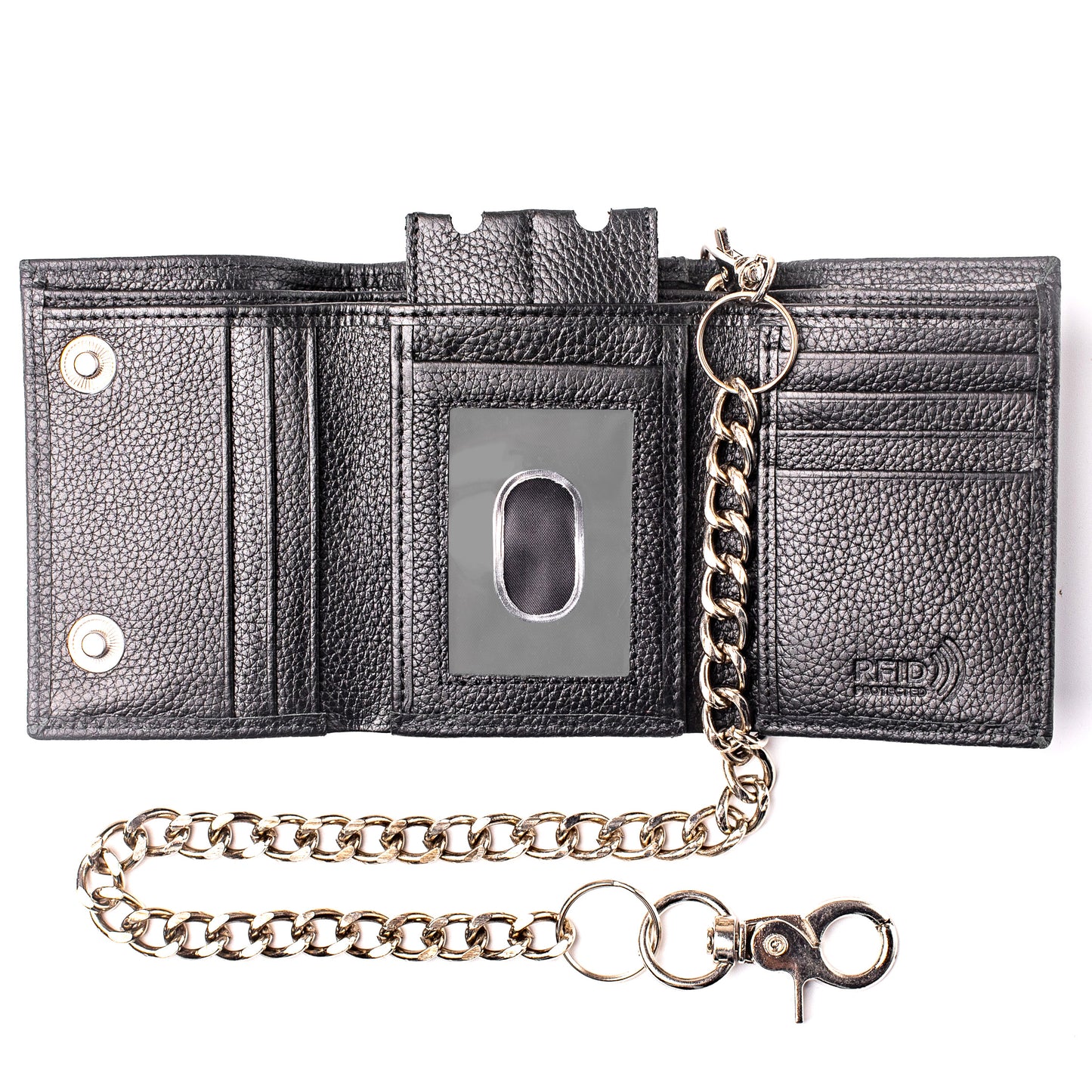 Trifold Chain Wallet for Men RFID Leather Snap Closer