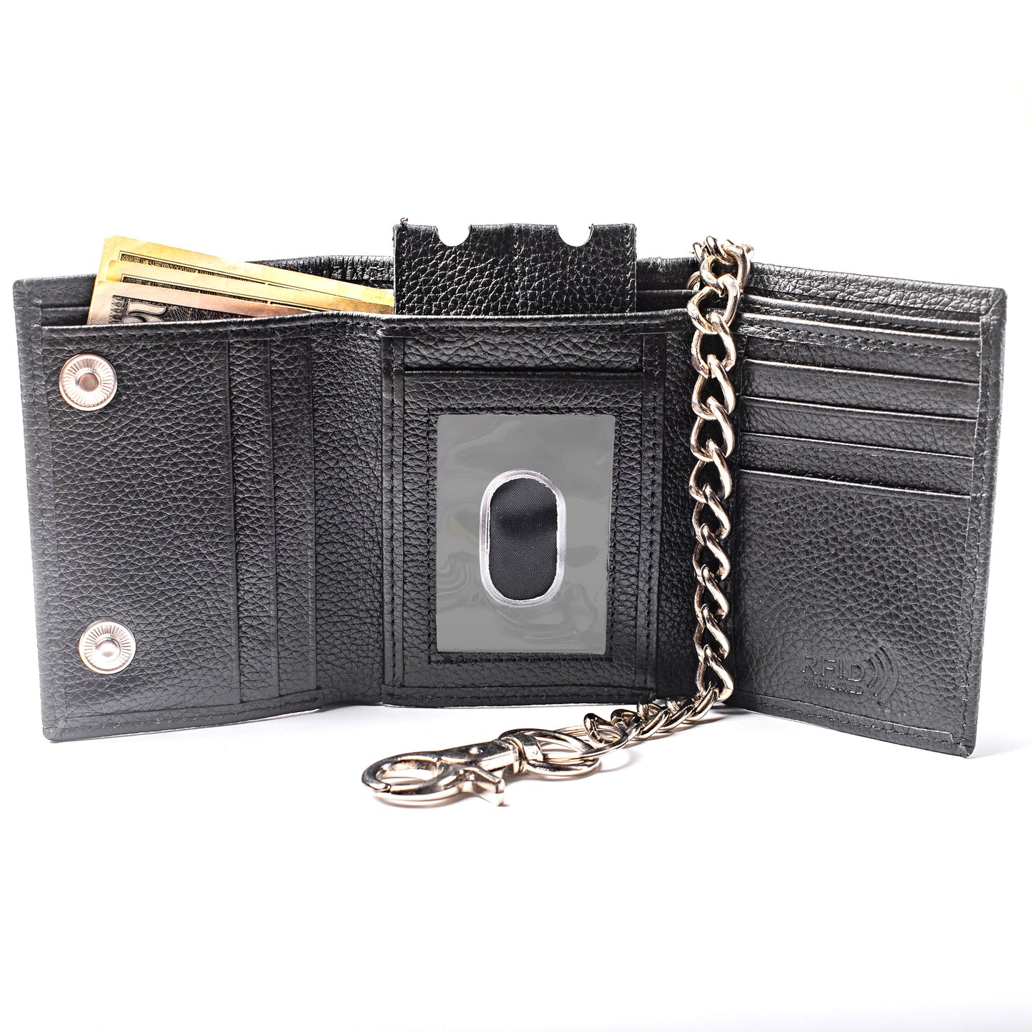 Chain Wallet for Men Trifold RFID safe Leather Snap Closed Stainless Biker Chain 18'inch Long