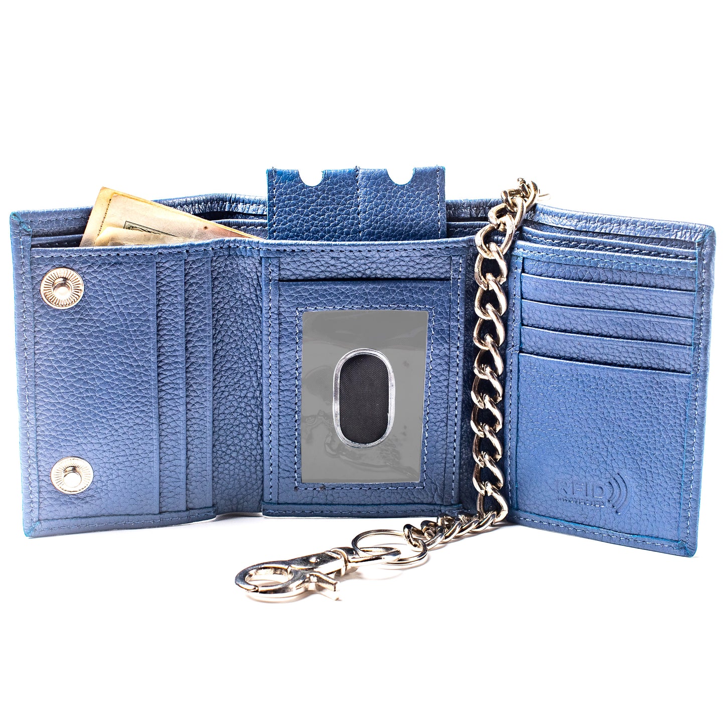 Trifold Chain Wallet for Men RFID Leather Snap Closer