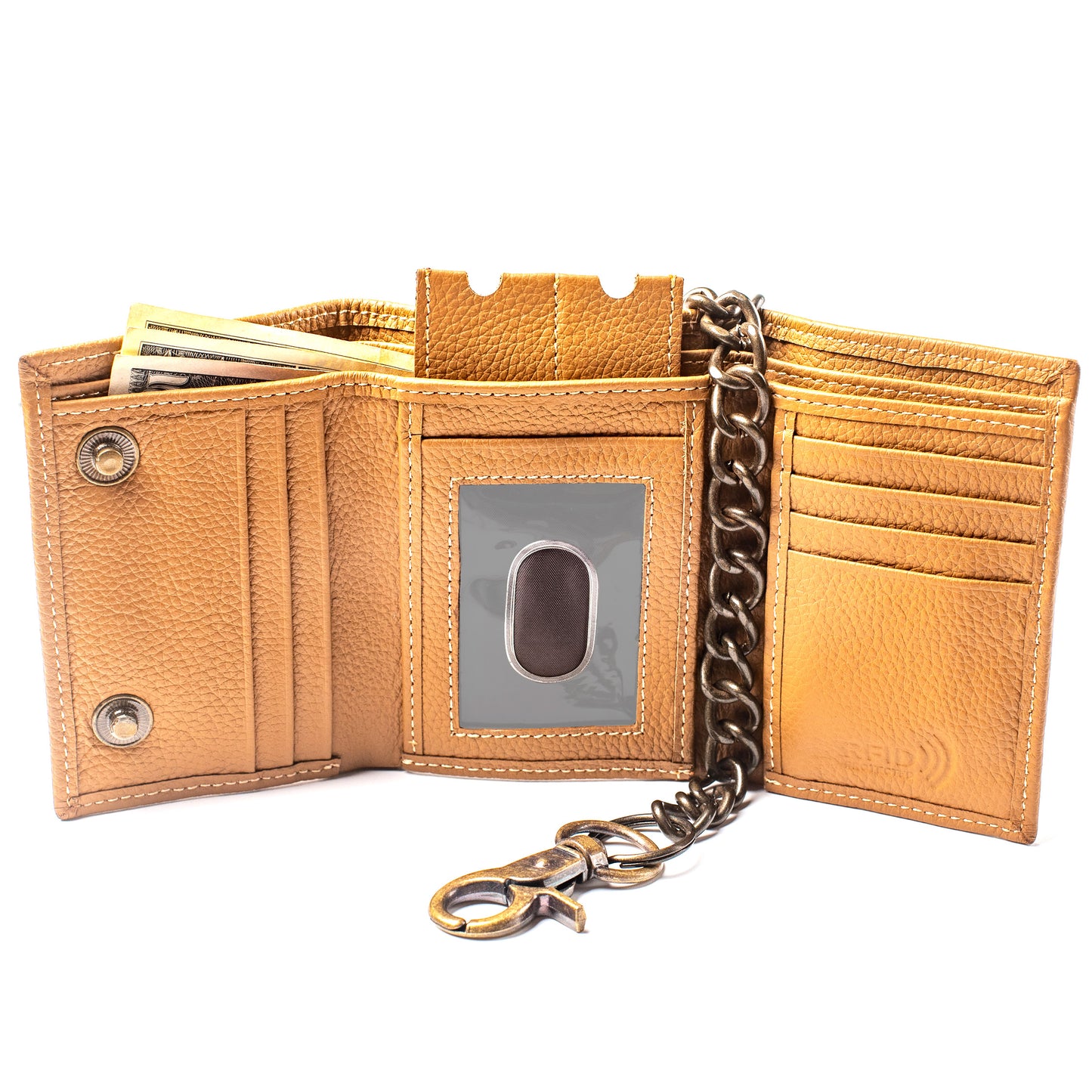 Trifold Chain Wallet for Men RFID Leather Snap Closer