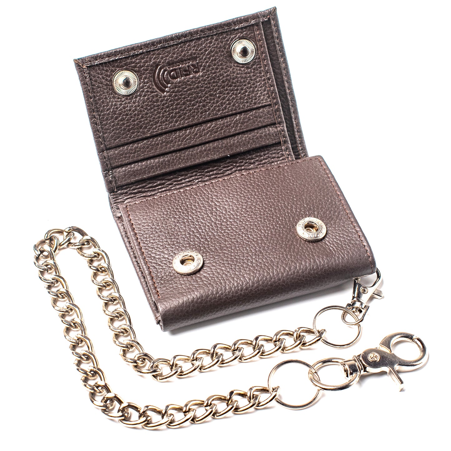 Chain Wallet for Men Trifold RFID safe Leather Snap Closed Stainless Biker Chain 18'inch Long