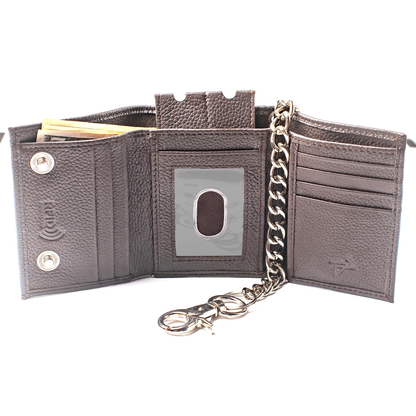 Trifold Chain Wallet for Men RFID Leather Snap Closer