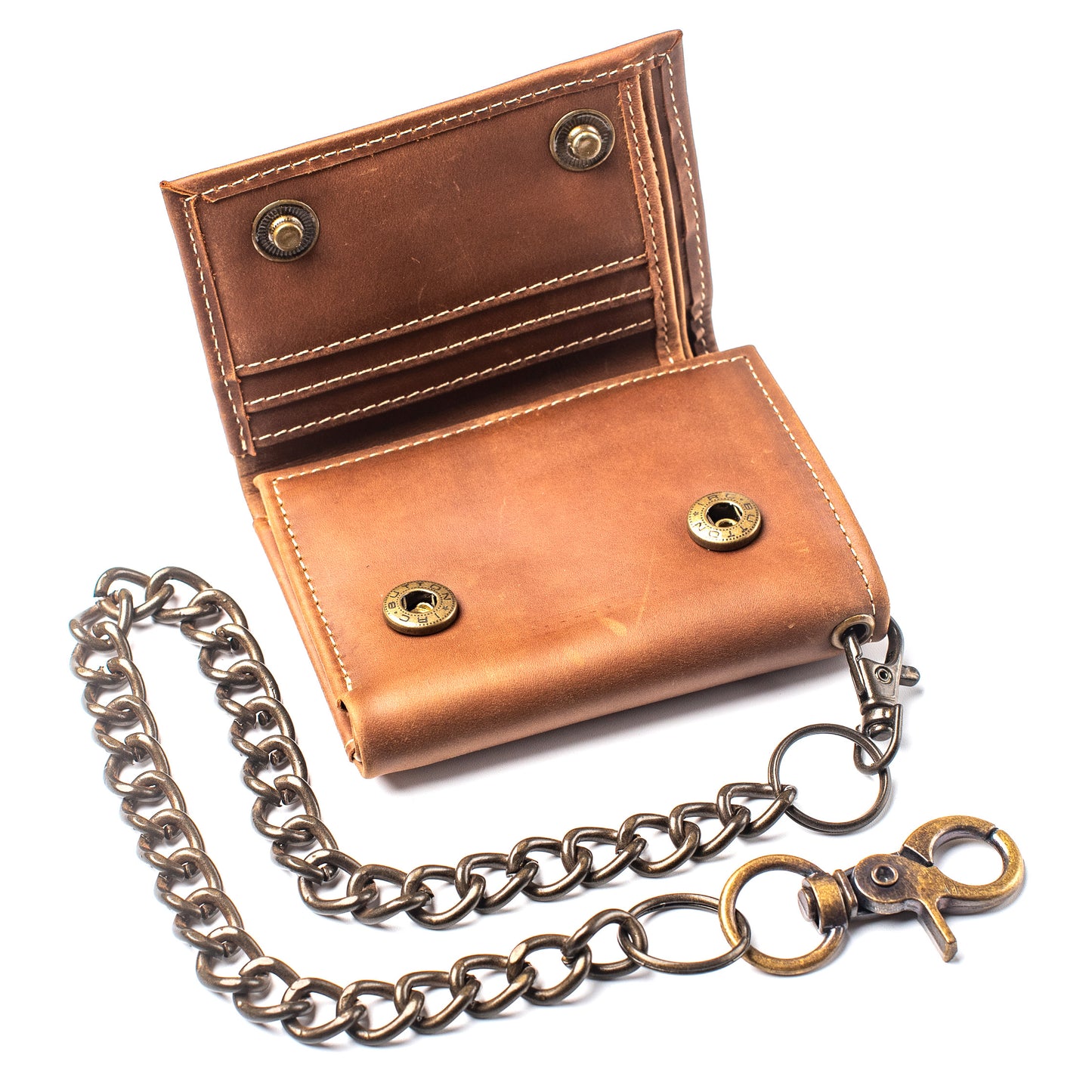 Chain Wallet for Men Trifold RFID safe Leather Snap Closed Stainless Biker Chain 18'inch Long